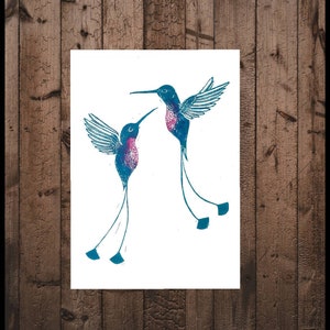 Two hummingbirds original A4 linocut print