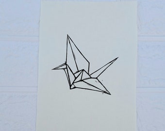 A5 original linocut print of an origami crane