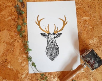 A4 original linocut print with gold leaf. Stag with gold antlers.