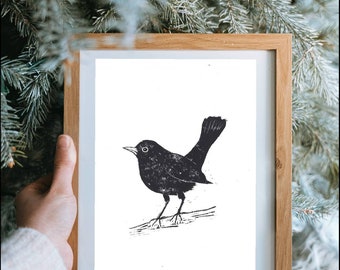 A4 original linocut print of a blackbird