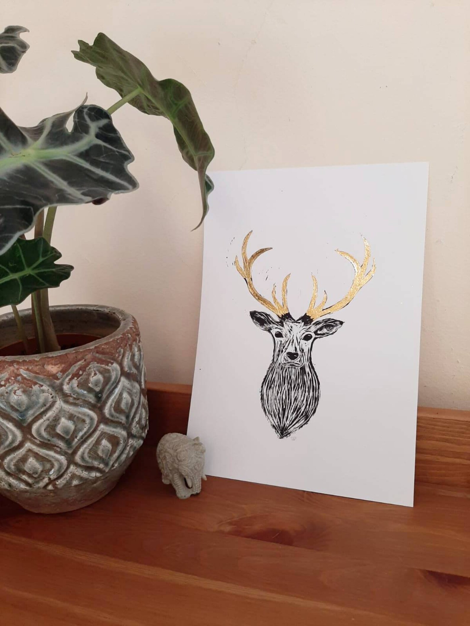 A4 Original Linocut Print With Gold Leaf. Stag With Gold Antlers. Etsy