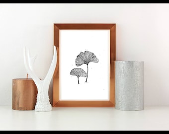 A5 original linocut print of ginkgo biloba leaf