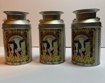 Vintage Dairy Delite Milk Can Tin Canisters Cow Farmhouse Cottagecore Set of 3