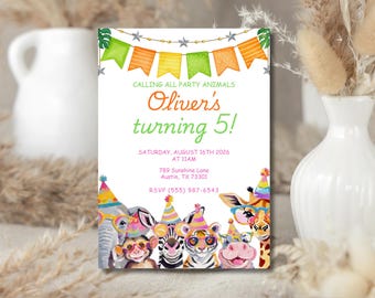 Invito per feste a tema animali, invito di compleanno modificabile a tema animali, invito per feste di qualsiasi età, modello Canva, download digitale