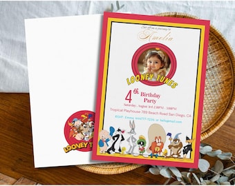 Invito di compleanno con personaggi dei cartoni animati, invito per feste per bambini, modello Canva modificabile, biglietto di compleanno colorato e stampabile