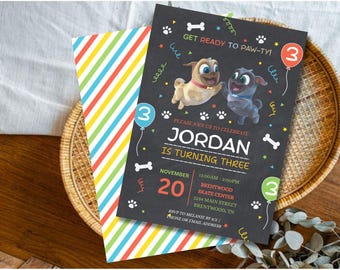 Invito di compleanno per cuccioli, invito per festa di compleanno per bambini con effetto lavagna, modello Canva modificabile, biglietto di compleanno per cani stampabile