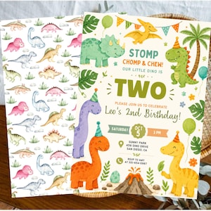 May include: A birthday invitation card featuring a colorful dinosaur theme with a repeating pattern on the left and event details on the right. The text reads STOMP CHOMP & CHEW! OUR LITTLE DINO IS TWO, Leo's 2nd Birthday, Saturday Oct 5, 3 PM, Sunny Park 456 Dino Drive San Diego, CA, and RSVP to Amy at 321-654-0987.