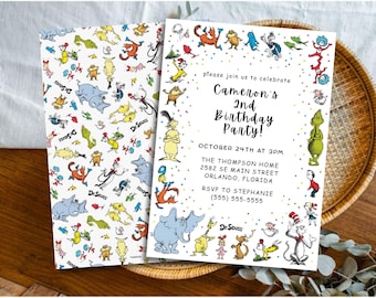 Invito di compleanno a tema fiabesco, invito per feste per bambini con personaggi colorati e coriandoli, modello Canva modificabile, download digitale stampabile.