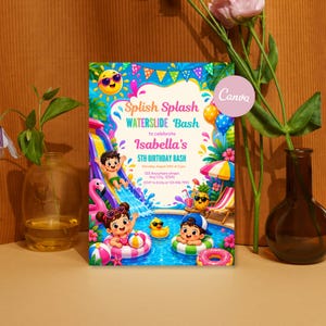 May include: A rectangular birthday invitation card featuring a colourful pool party theme with a waterslide, swimming children, a yellow sun, and tropical foliage. The text reads: Splish Splash WATERSLIDE Bash to celebrate Isabella's 5TH BIRTHDAY BASH, Saturday, August 24th, at 5 pm, 123 Anywhere street, Any City, 12345, RSVP to Emily at 123 456 7890.