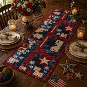 Patriottische patchwork tafelloper, Americana quilttafel decor, 4 juli boerderij tafelloper, USA vlag patchwork eetkamer loper cadeau