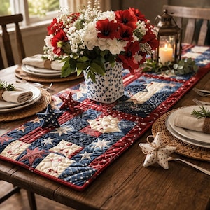 Runner da tavola patchwork patriottico, decorazione da tavola in stile americano con motivo trapuntato, centrotavola rustico per il 4 luglio, runner da tavola patchwork con bandiera USA, idea regalo.