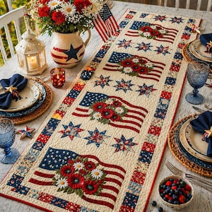 Caminho de mesa patriótico com estampa floral patchwork, caminho de mesa com estampa da bandeira americana, decoração de fazenda para o 4 de julho, decoração vintage para mesa de jantar dos EUA