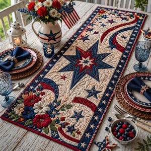 May include: A patriotic table runner with a star and floral design in red, white, and blue. The runner features a large star in the center and is surrounded by smaller stars and floral accents. Perfect for a festive dining table.