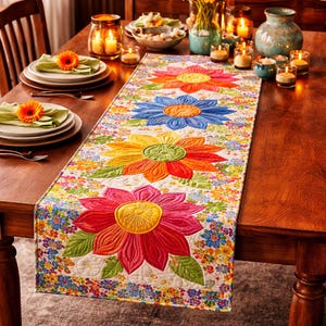 Colorful Floral Table Runner, Bright Patchwork Quilt Runner, Spring Summer Table Decor, Farmhouse Dining Table Topper Gift