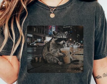 Comfort Colors® Raccoon Drinking Iced Coffee Shirt,  Funny Animal Meme Tee, Coffee Lover Raccoon T-Shirt