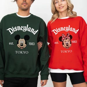 Pu&ograve; includere: Due felpe, una verde scuro e una rossa, con il logo Disneyland e Topolino e Minnie. Il testo include "est. 1983" e "TOKYO". La felpa verde ha Topolino, e quella rossa ha Minnie.