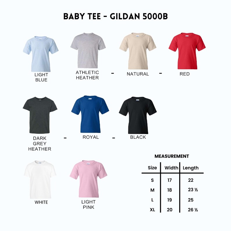 May include: A selection of baby tees in various colors, including light blue, athletic heather, natural, and red. Additional colors are dark grey heather, royal blue, black, white, and light pink. Measurements are provided for sizes S, M, L, and XL.