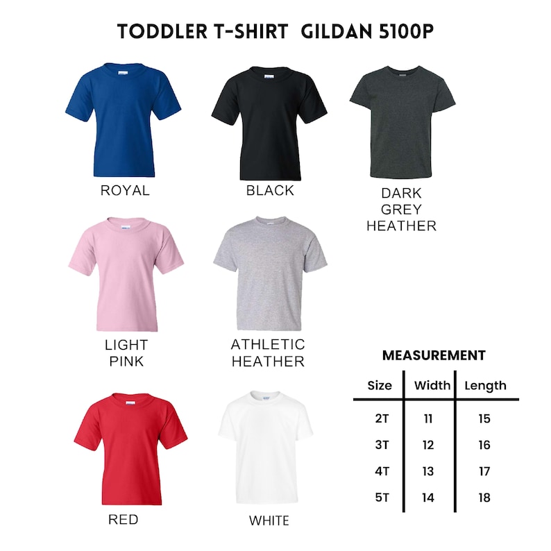 K&ouml;nnte beinhalten: Eine Auswahl an T-Shirts f&uuml;r Kleinkinder in verschiedenen Farben, darunter K&ouml;nigsblau, Schwarz und Rot. Das Bild zeigt auch hellrosa, Athletic Heather, dunkelgrau melierte und wei&szlig;e T-Shirts. Ma&szlig;e sind f&uuml;r die Gr&ouml;&szlig;en 2T bis 5T angegeben.