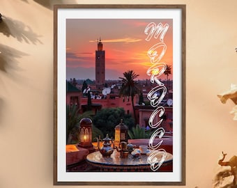 Póster de viaje de Marruecos – Lámina decorativa de Marruecos – Póster estilo Marrakech – Estilo vintage – Decoración para amantes de los viajes – Regalo para viajeros