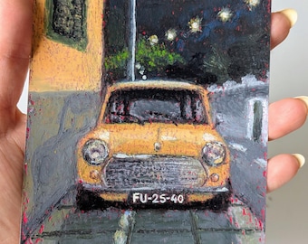 Pintura original al pastel al óleo de un Austin Mini en Funchal, Madeira (Portugal).