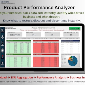 Puede incluir: Una pantalla de portátil muestra una interfaz de "Product Performance Analyzer". El software visualiza datos de ventas, incluyendo ingresos totales, pedidos y SKU. El texto en la pantalla dice: "Cargue sus datos históricos de ventas e identifique instantáneamente qué impulsa su negocio."