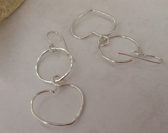 Artisan Hammered Sterling Silver Long Earrings, Contemporary Geometric Silver Dangly Earrings with Circles and Hearts