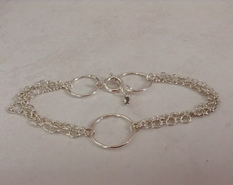 Sterling Silver Bracelet, Ring and Chain Bracelet, UK Contemporary Silver Bracelet