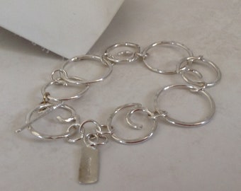 Silver Bracelet Large Fancy Spiral Circle Link Artisan Contemporary UK Hallmarked Sterling Silver Hammered Circles Bracelet