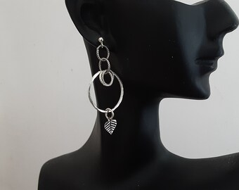 Artisan Sterling Silver Long Earrings, Contemporary Silver Circle Dangly Stud Earrings
