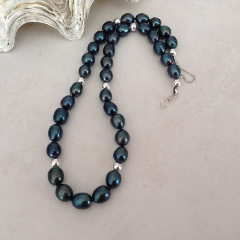Real Pearl Necklace With Peacock Blue Black Freshwater Pearls Classic