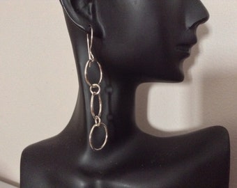 Sterling Silver Long Earrings, Contemporary Artisan Hammered Silver, Linked Circle Dangle Drop Minimalist Earrings, Gift for Her
