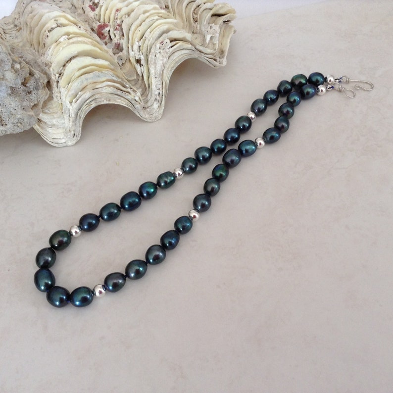 Real Pearl Necklace With Peacock Blue Black Freshwater Pearls Classic