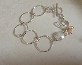 925 Sterling Silver & Pearl Artisan Bracelet, Large Link Contemporary Bracelet