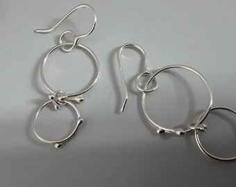 Artisan Sterling Silver Long Earrings, Contemporary Abstract Circle Silver Dangly Earrings