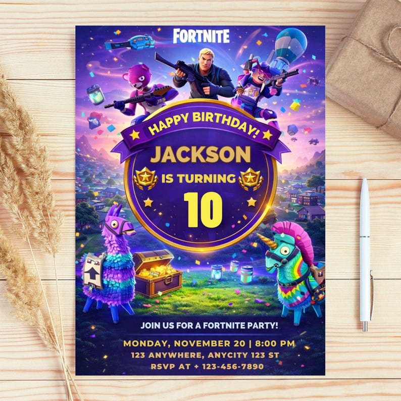 Puede incluir: Una invitaci&oacute;n de fiesta de cumplea&ntilde;os con tem&aacute;tica de Fortnite con un esquema de color p&uacute;rpura y azul. La invitaci&oacute;n presenta el logotipo de Fortnite, personajes y el texto "Happy Birthday Jackson is turning 10". La invitaci&oacute;n incluye detalles de la fiesta.