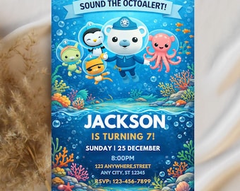 Plantilla editable de invitación de cumpleaños de Octonautas, invitación para fiesta de Octonautas, invitación de cumpleaños infantil, aventura marina, invitación de cumpleaños divertida