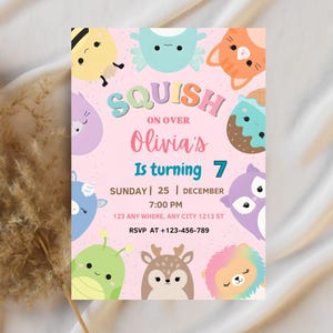 Plantilla editable de invitación de cumpleaños con diseño de Squish, ideal para fiesta de niñas (descarga digital)