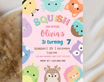 Plantilla editable de invitación de cumpleaños con diseño de Squish, ideal para fiesta de niñas (descarga digital)