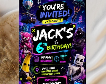 Op de afbeelding: Een verjaardagsuitnodiging met videogamepersonages, waaronder een roze beer, een banaan in een pak en een gemaskerd figuur. De tekst luidt: YOU'RE INVITED! TO CELEBRATE JACK'S 6TH BIRTHDAY! SATURDAY 26TH MARCH 5:00 PM TO 8:00 PM JACK'S HOUSE 1234 MAPLE STREET SPRINGFIELD, IL 62701 RSVP TO MOM 123-098-0987.