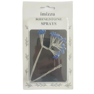 May include: A package of rhinestone sprays by imizzu. The sprays feature clusters of blue rhinestones on silver wire stems. The package is white with the brand name and product description printed on the front.