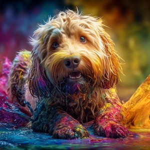 Puede incluir: Un perro de color dorado está inmerso en una vibrante piscina de pintura colorida. El pelaje del perro está veteado con tonos de rosa, azul, amarillo y morado. El agua salpica alrededor del perro, creando una imagen dinámica y artística.
