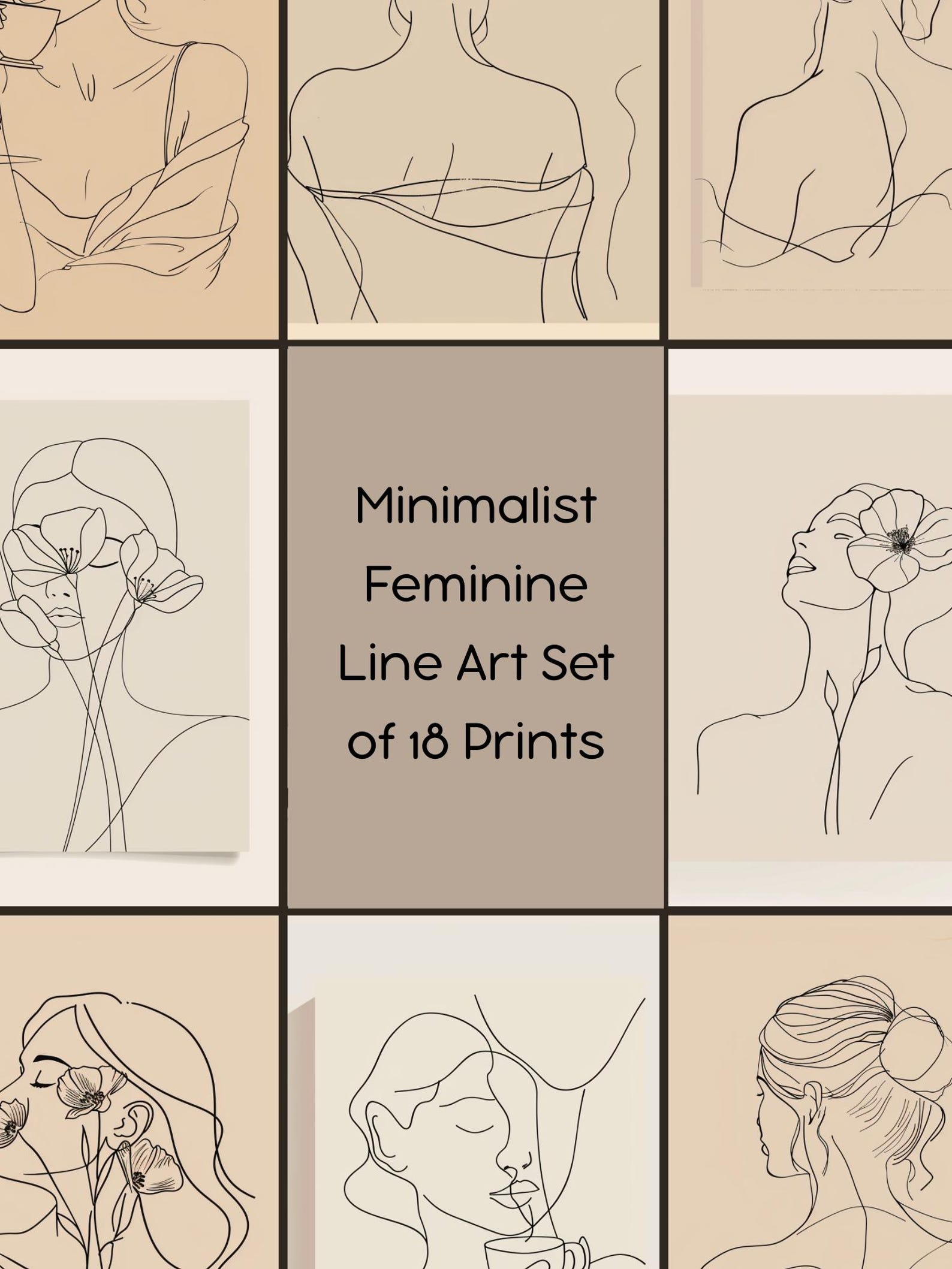Minimalist Feminine Line Art Set of 18 Prints, Neutral Beige Wall Art ...