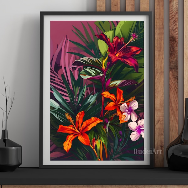 Stampa artistica floreale tropicale da parete, poster con fiori di ibisco, download di stampe botaniche, decorazioni murali con giungla, stampa artistica tropicale moderna