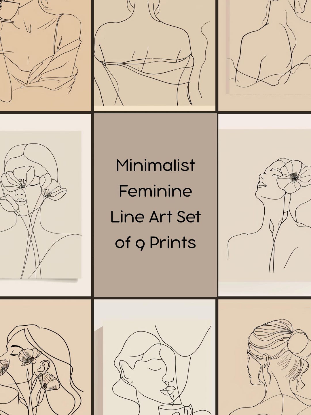 Minimalist Feminine Line Art Prints Set of 9, Beige Printable Wall Art ...