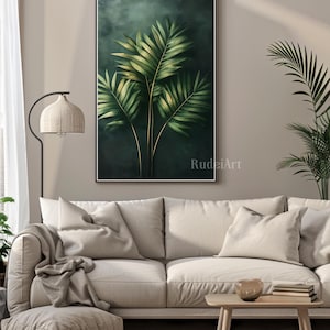 Palm Leaf Art Print, Dark Tropical Botanical Poster, Deep Green Wall Decor, Minimalist Jungle Print, Digital Download, Large Format Art