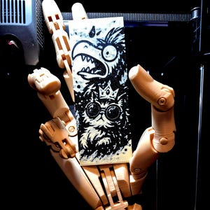 May include: A tan 3D-printed robotic hand holding a rectangular black and white graphic. The graphic features two cartoon illustrations: an angry bird and a cat wearing glasses and a crown. The hand is articulated and has a detailed design.