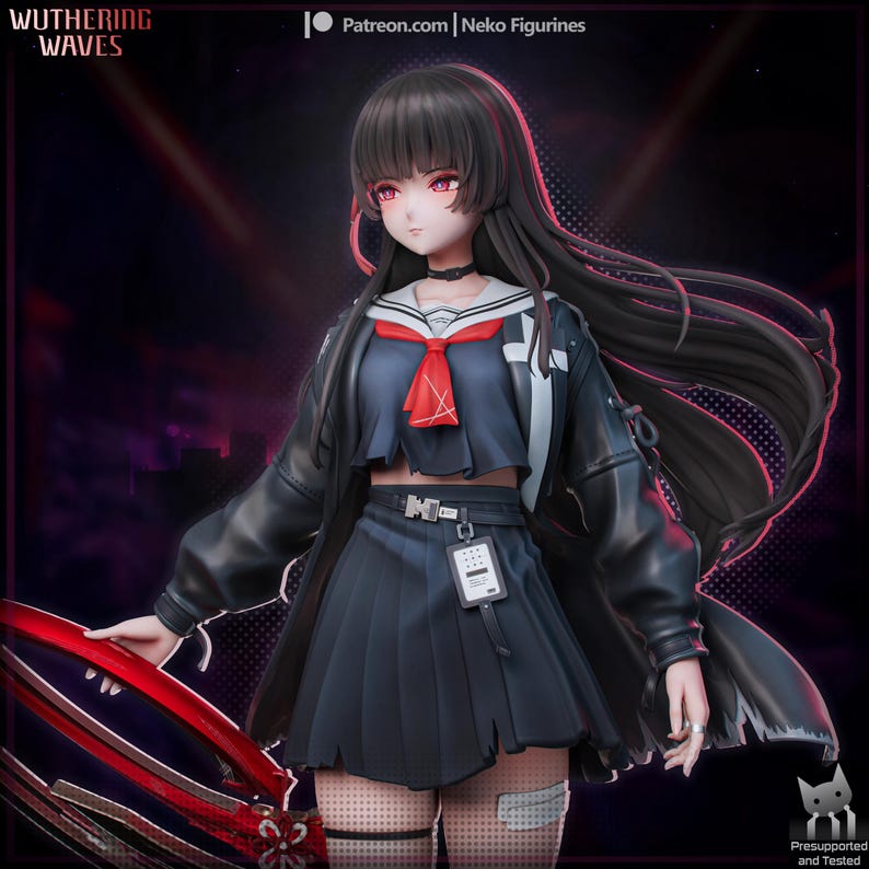 May include: A detailed figurine of a female anime character with long black hair and red eyes. She wears a black school uniform with a red tie, a black jacket, and a pleated skirt. The figure is holding a red weapon.