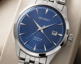 Vintage gerenoveerd Seiko mechanisch herenhorloge, blauwe wijzerplaat, roestvrijstalen band