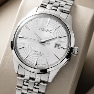 Vintage gerenoveerd Seiko mechanisch herenhorloge, witte wijzerplaat, roestvrijstalen band