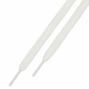 May include: Two white shoelaces with a flat, woven design. The laces are angled diagonally across the frame, with the aglets visible at the ends. The background is plain white.
